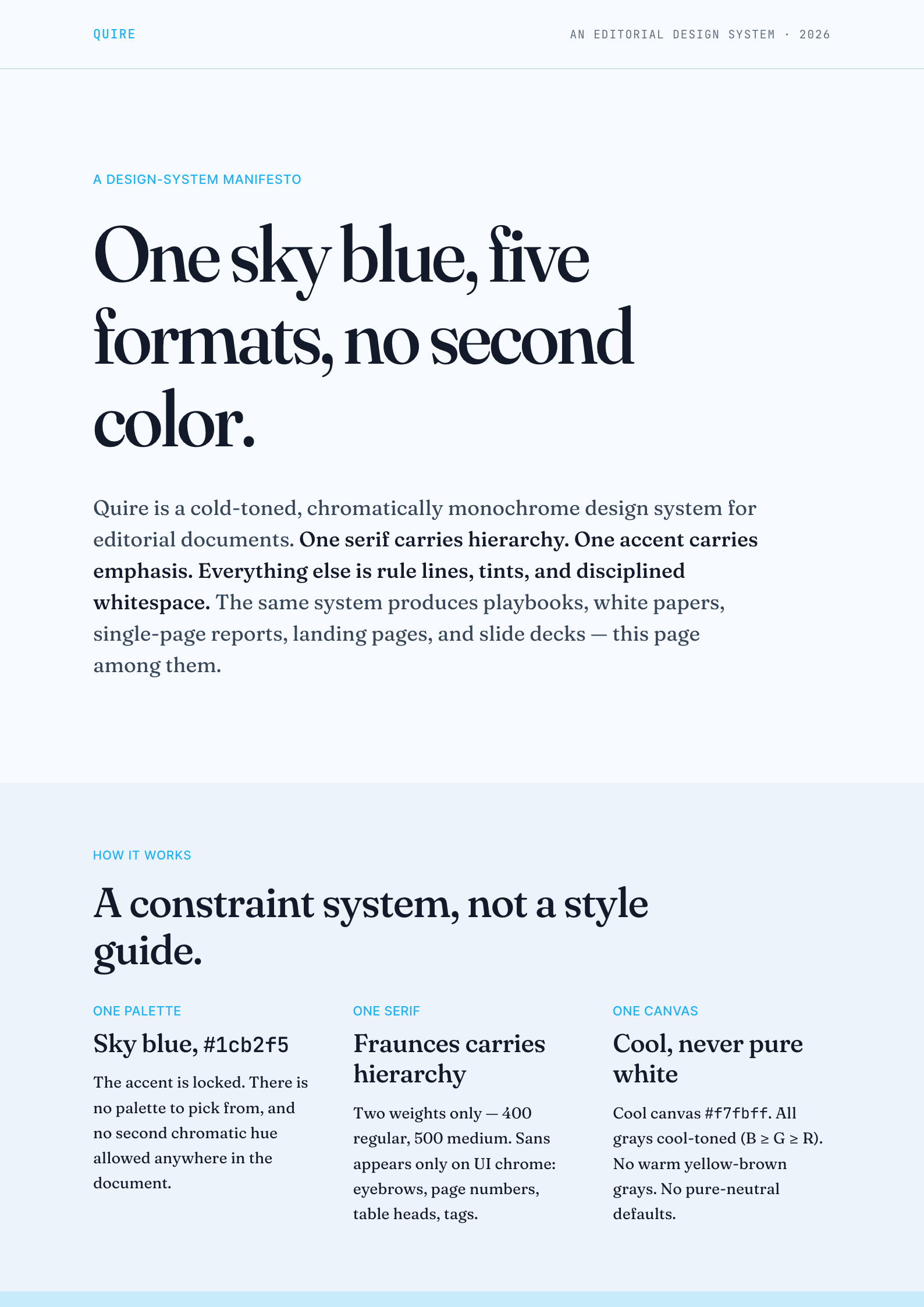 Landing page — continuous A4-width manifesto, flows and paginates
