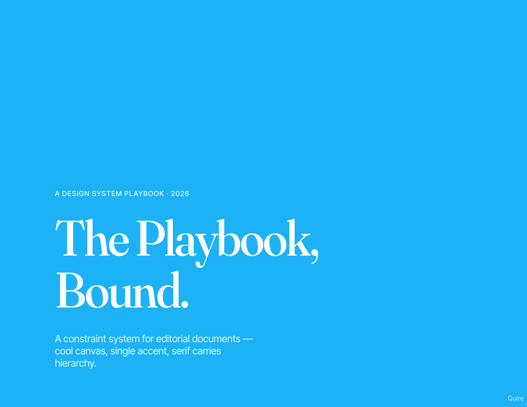 Playbook cover — “The Playbook, Bound.” on a landscape sky-blue page