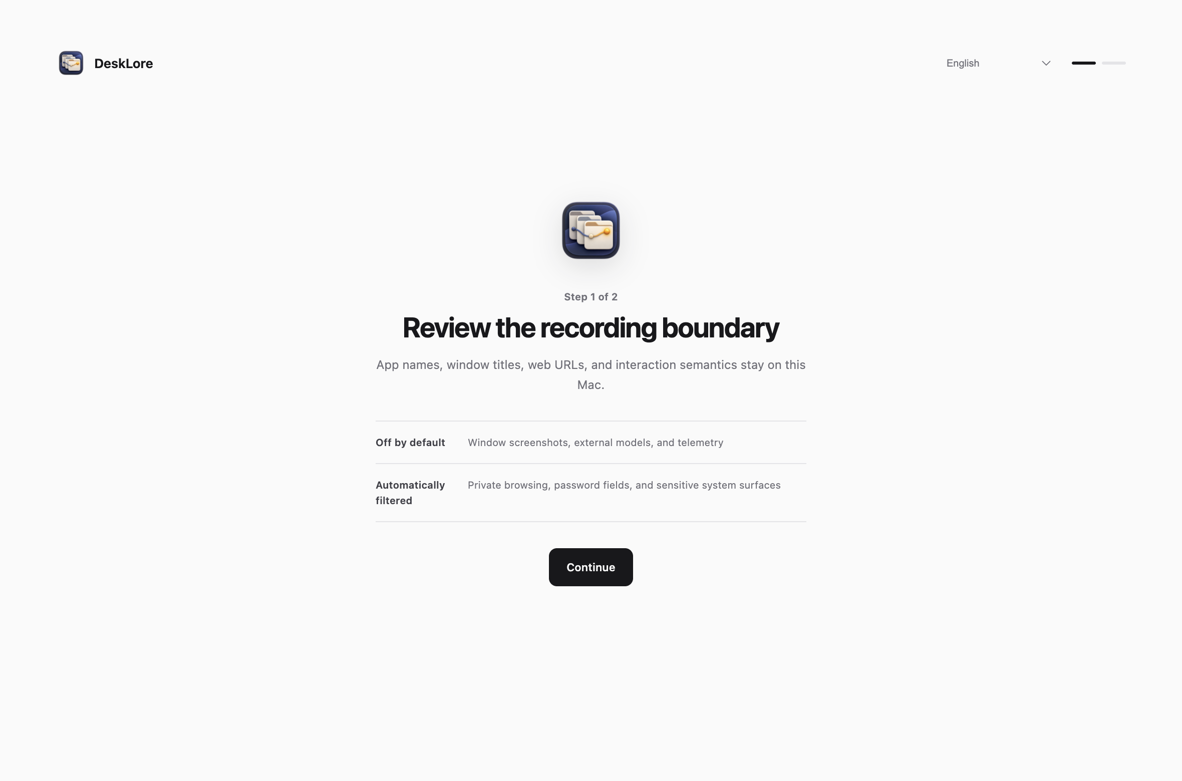 DeskLore onboarding explaining its recording and privacy boundaries