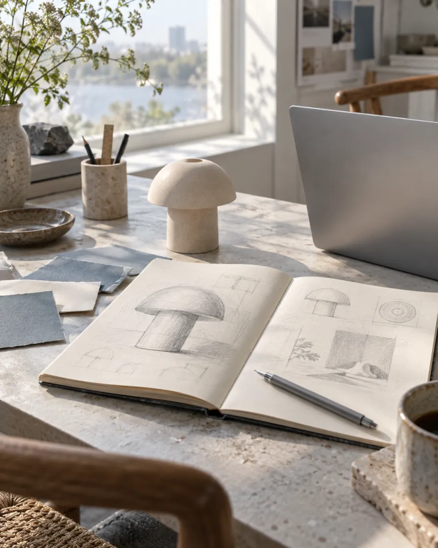 A designer's sketchbook, paper swatches, and ceramic prototype
