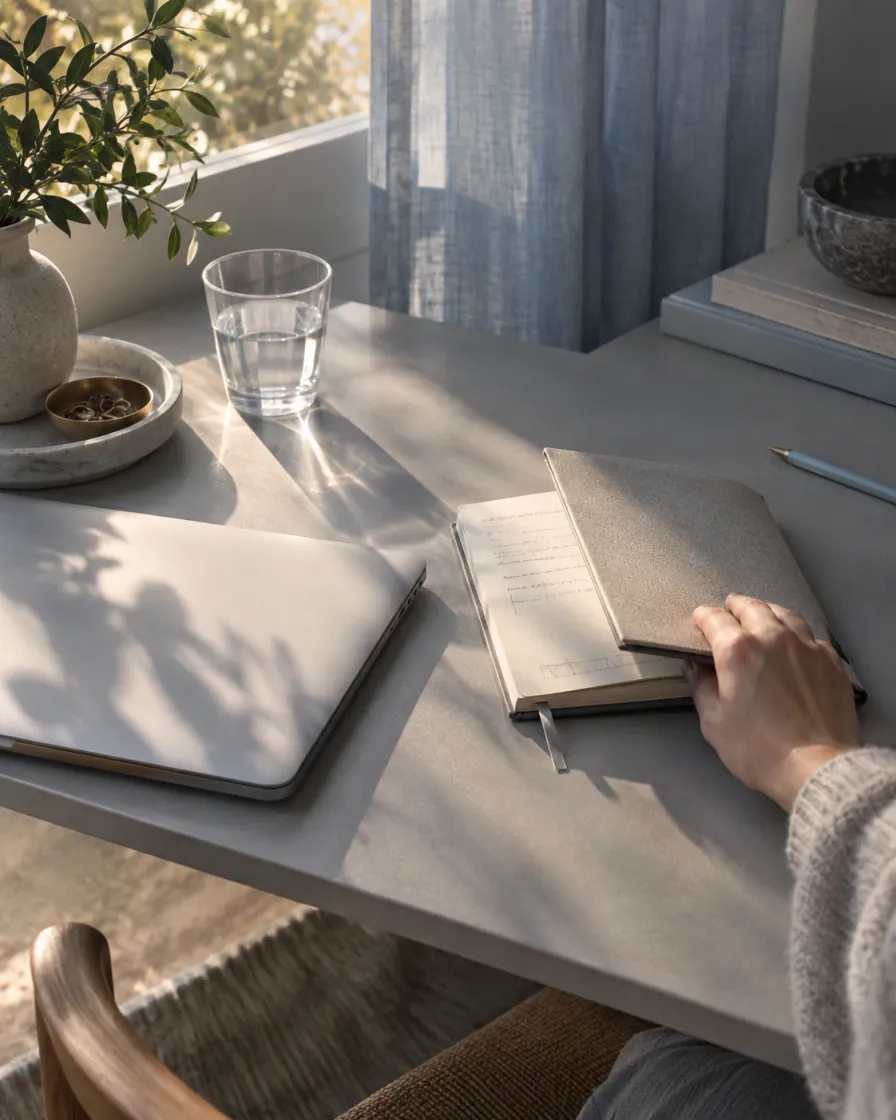 A notebook and closed laptop in soft afternoon light