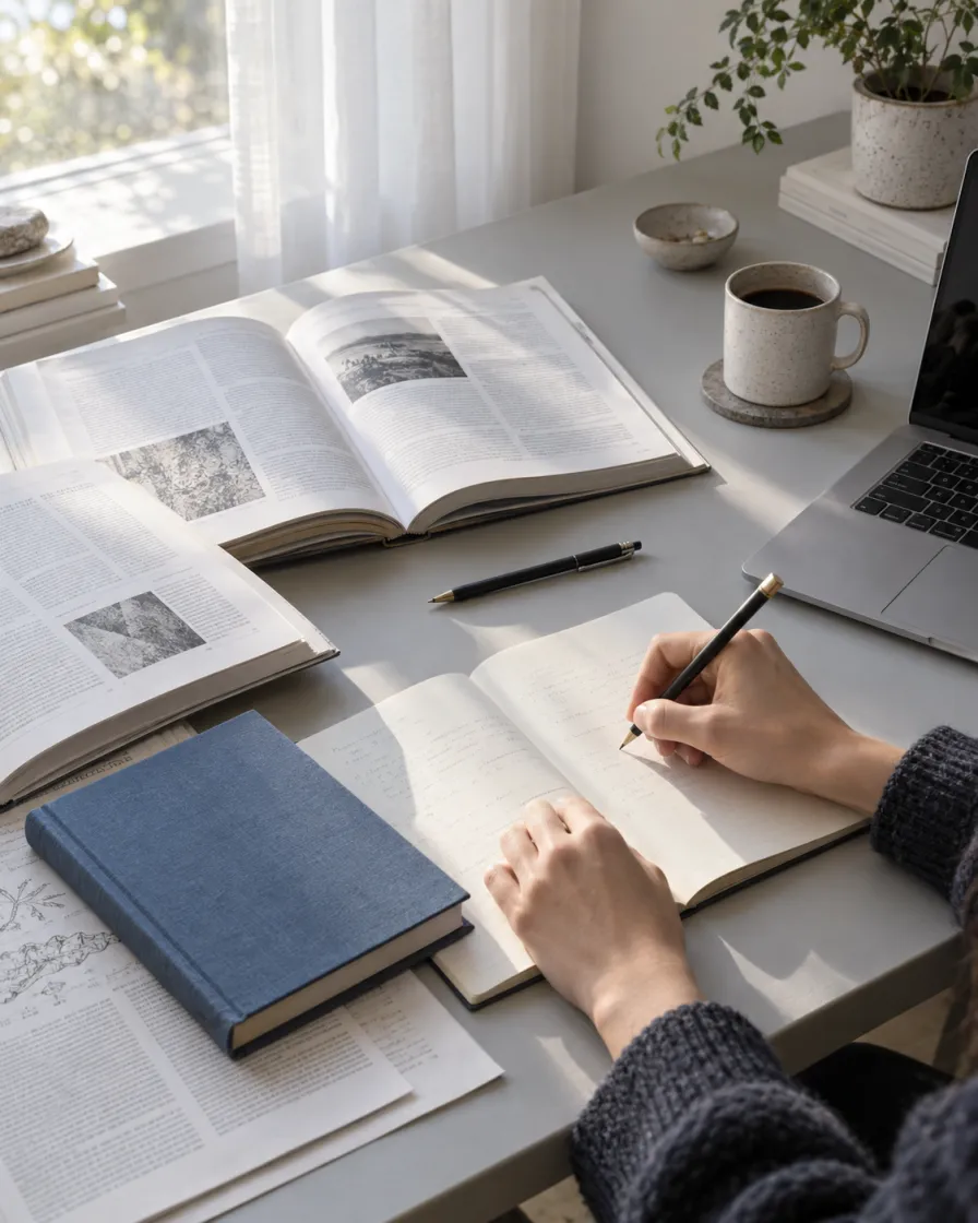 Research papers and a notebook on a sunlit desk