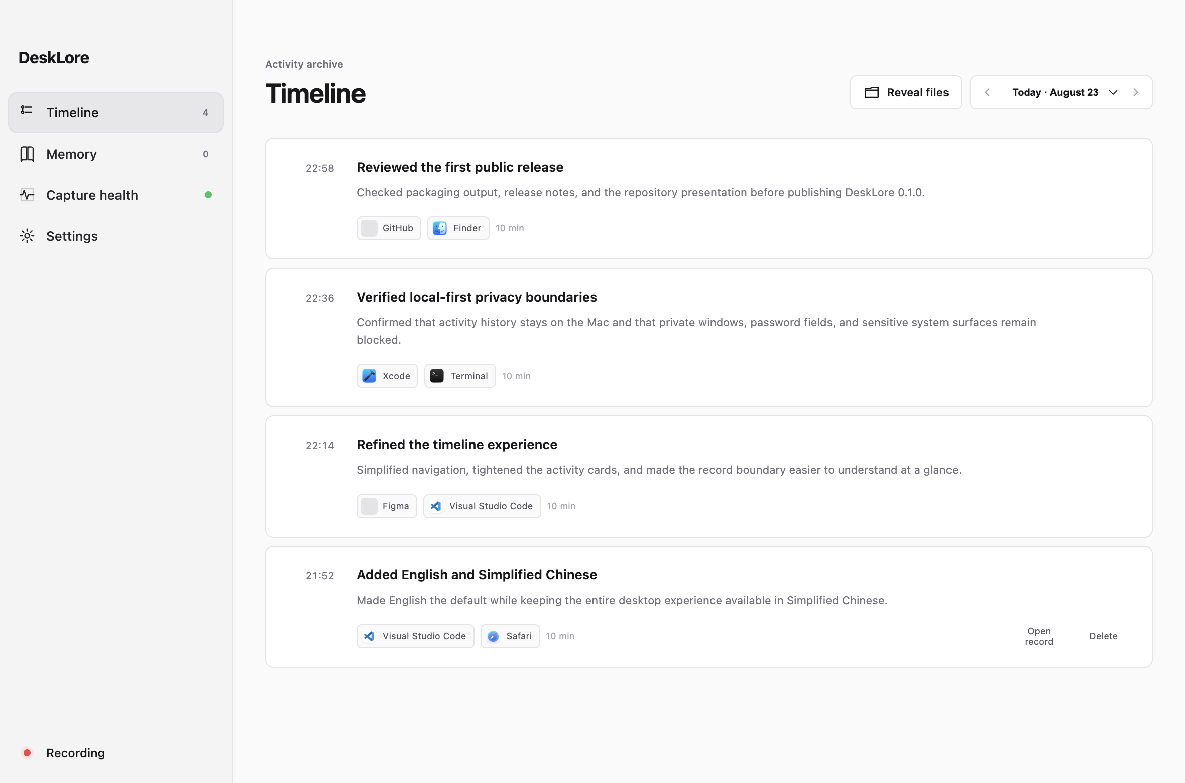 DeskLore timeline showing the day's activity by time